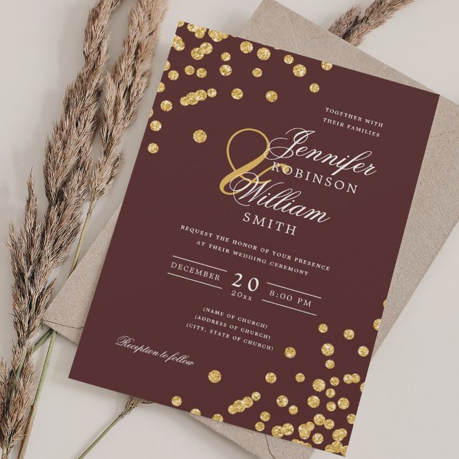 Konfetti Burgundy för elegant-skript Bröllop Guld Inbjudningar (Elegant Script Wedding Gold Confetti Burgundy Invitation)
