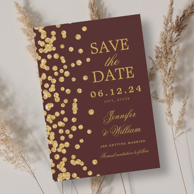 Konfetti Burgundy för elegant-skript Bröllop Guld Spara Datumet (Elegant Script Wedding Gold Confetti Burgundy Save The Date)