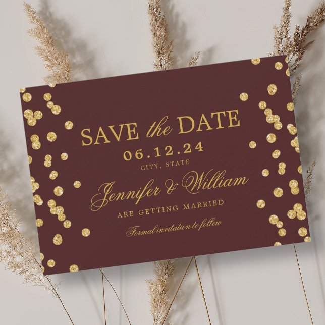Konfetti Burgundy för elegant-skript Bröllop Guld Spara Datumet (Elegant Script Wedding Gold Confetti Burgundy Save The Date)