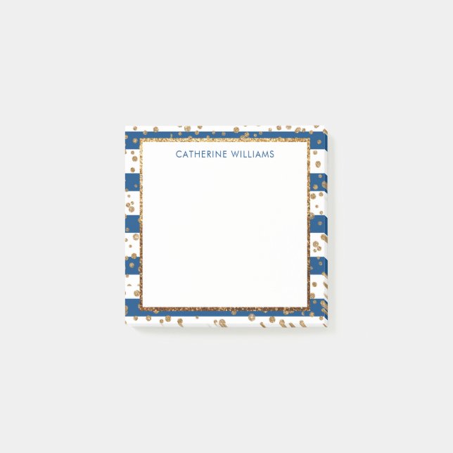 Konfetti chic Blåvit Rand Guld Glitter Post-it Block (Framsida)