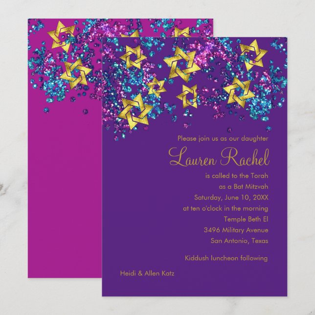Konfetti färglöst Bat mitzvah Guld Star Glittery C Inbjudningar (Fram/baksida)
