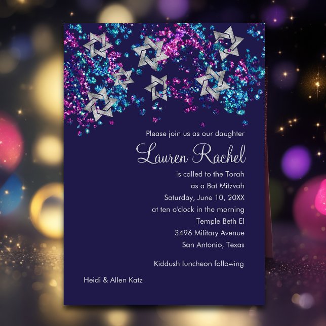 Konfetti färglöst Bat mitzvah Silver Star Glittery Inbjudningar (Skapare uppladdad)