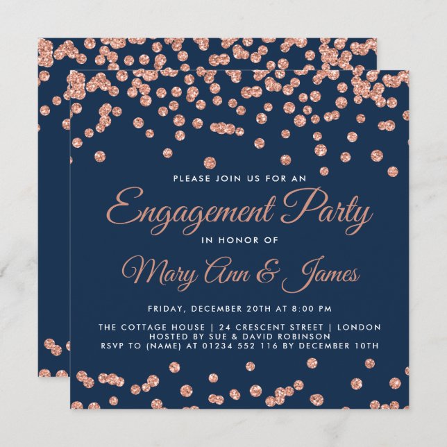 Konfetti flottan i förlovningsfest vid Guld Inbjudningar (Fram/baksida)