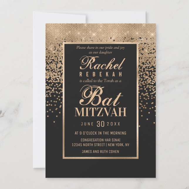 Konfetti foto för svart Ro-Guld-Glitter, Bat mitzv Inbjudningar (Baksida)