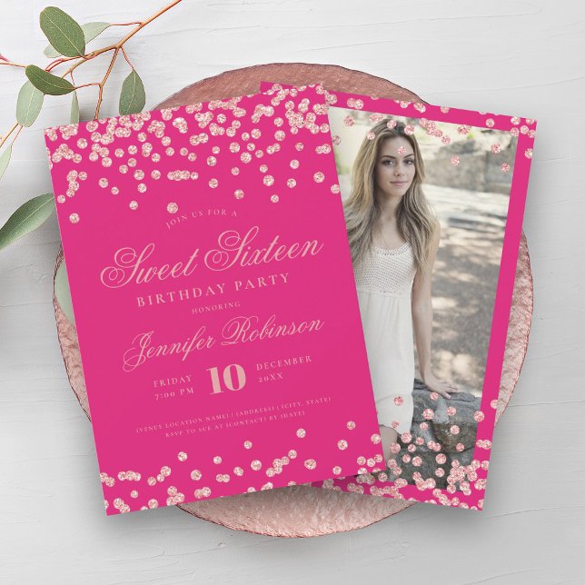 Konfetti fotopapper för ro Guld 16 Inbjudningar (Rose Gold Hot Pink Confetti Photo Sweet 16 Invitation)