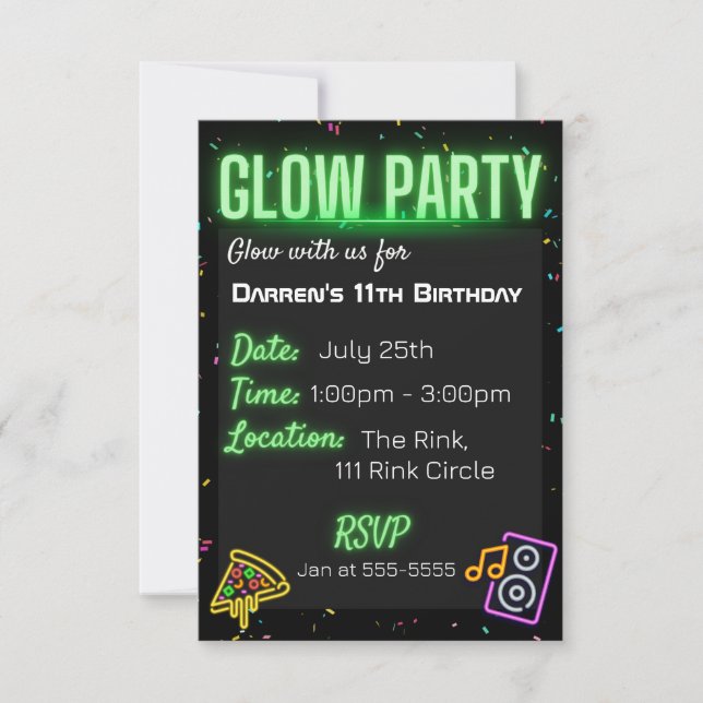 Konfetti Glow Party Barns födelsedag-partiinbjudan Inbjudningar (Framsida)