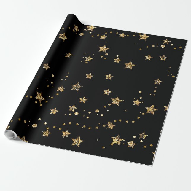 Konfetti golden stars glitter elegant shine Black Presentpapper (Utrullad)