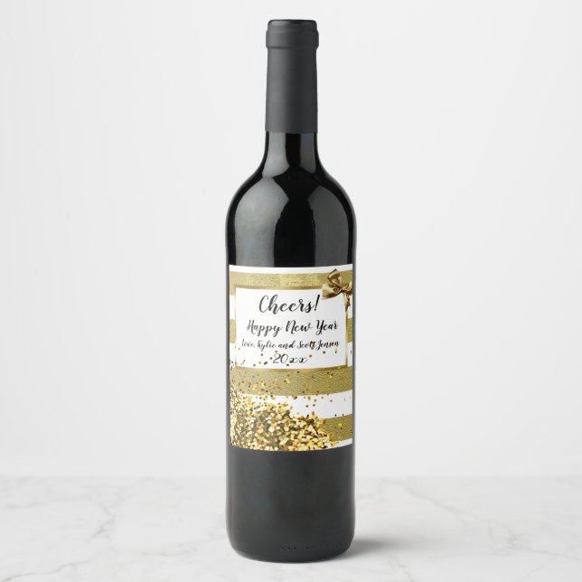 Konfetti gott nytt år Guld och Bow Vinflaska Etikett (Framsida)