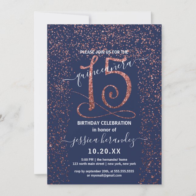 Konfetti Gräns Quinceañera, blå Ro Guld Inbjudningar (Framsida)