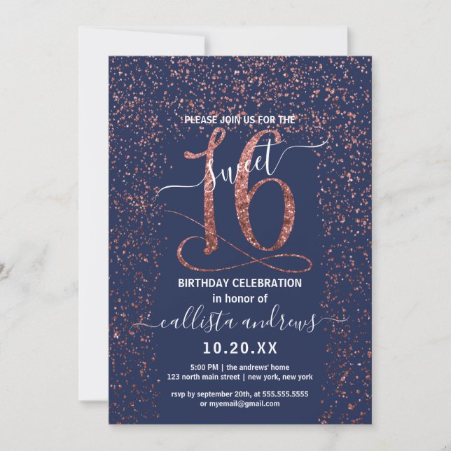 Konfetti Gräns Sweet 16, Ro, bläckfisk, Guld Inbjudningar (Framsida)