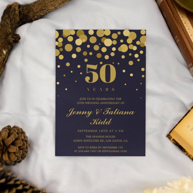 Konfetti Guld, blå och blå marin, 50:e bröllop-års Inbjudningar (Skapare uppladdad)