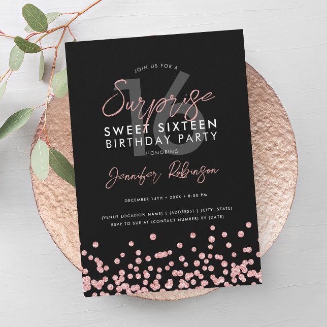 Konfetti Guld-konfetti överraskningssötare 16 ro Inbjudningar (Rose Gold Glitter Confetti Surprise Sweet 16 Invitation)