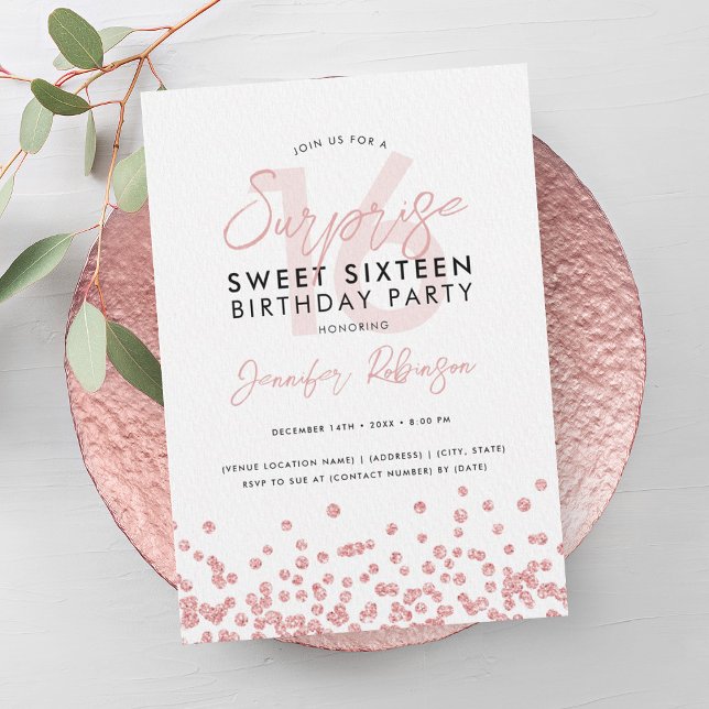 Konfetti Guld-konfetti överraskningssötare 16 ro Inbjudningar (Rose Gold Glitter Confetti Surprise Sweet 16 Invitation)