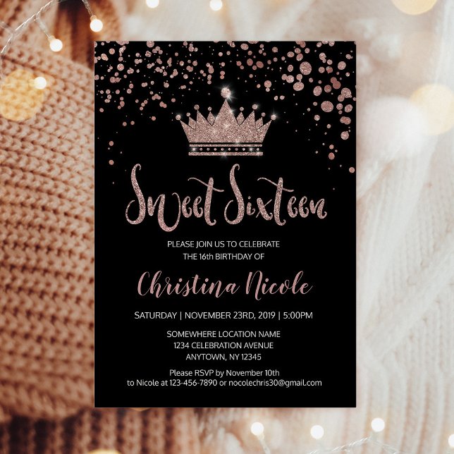 Konfetti Krona Ro Guld Black Glam Sweet 16 Inbjudningar (Skapare uppladdad)