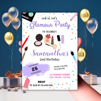 Konfetti & Makeup Glamor Party födelsedag Inbjudningar