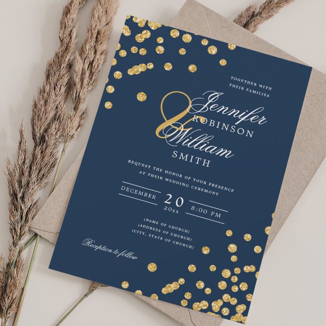 Konfetti marin Bröllop Guld i elegant, skript Inbjudningar (Elegant Script Wedding Gold Glitter Confetti Navy Invitation)