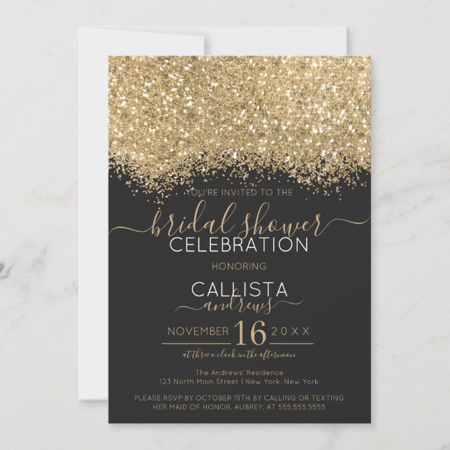 Konfetti-Möhippan Luxury Guld Black Glitter Inbjudningar (Framsida)