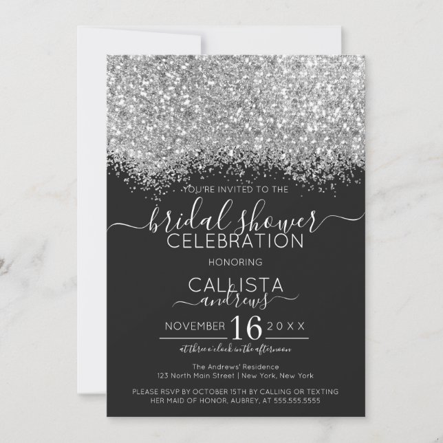 Konfetti-Möhippan Luxury Silver Black Glitter Inbjudningar (Framsida)
