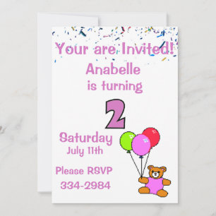 Konfetti, Nalle, Balloons Girl's 2nd Birthda Inbjudningar