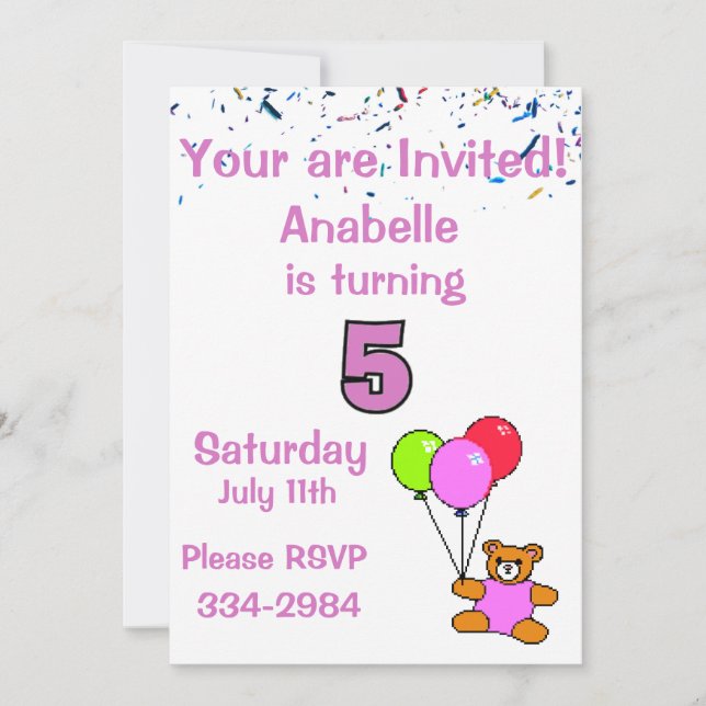 Konfetti, Nalle, Balloons Girl's 5th Birthday Inbjudningar (Framsida)