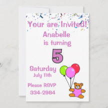 Konfetti, Nalle, Balloons Girl's 5th Birthday