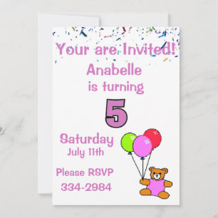 Konfetti, Nalle, Balloons Girl's 5th Birthday Inbjudningar
