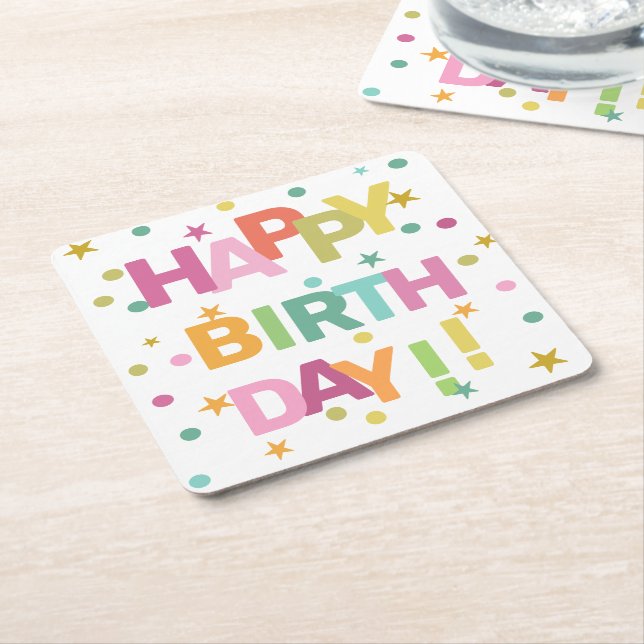 Konfetti och Grattis på födelsedagen i färgad text Underlägg Papper Kvadrat (Vinklad)