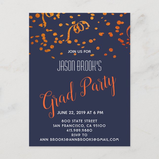 Konfetti orange och Guld på svart Meddelande Vykort (Framsida)