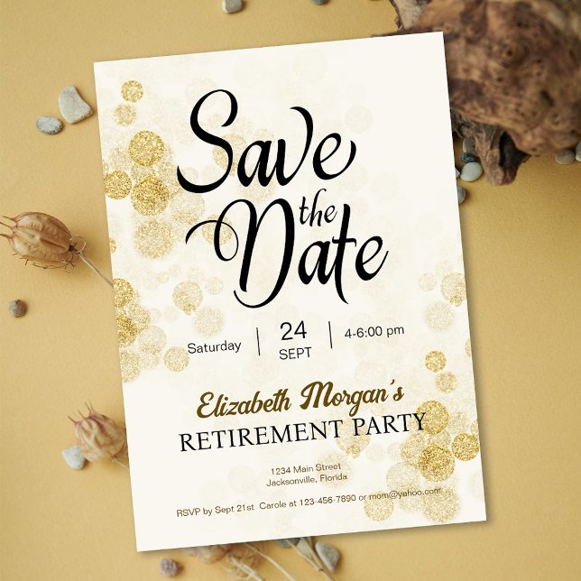 Konfetti pension Party Guld Spara datumet Inbjudningar (Retirement Party Gold Confetti Save the Date Invitation)