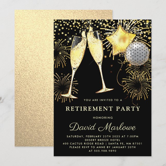 Konfetti Pension Party Guld Svarta Glitter Inbjudningar (Fram/baksida)