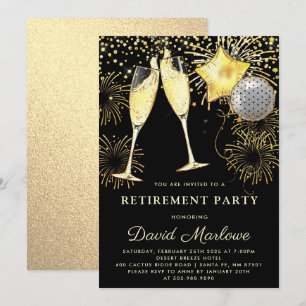 Konfetti Pension Party Guld Svarta Glitter Inbjudningar