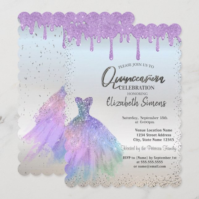 Konfetti-prickar,Blå krydddroppar Quinceañera-kupe Inbjudningar (Fram/baksida)