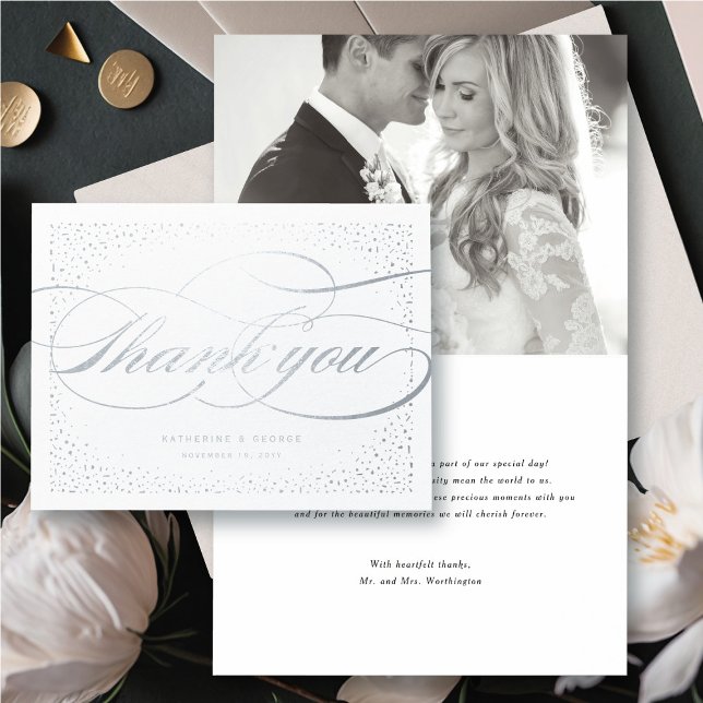 Konfetti Punts Classic-skript Bröllop Tack Folierat Kort (Confetti Dots And Elegant Classic Script Wedding Thank You Foil Card @ fatfatin_blue_knot)
