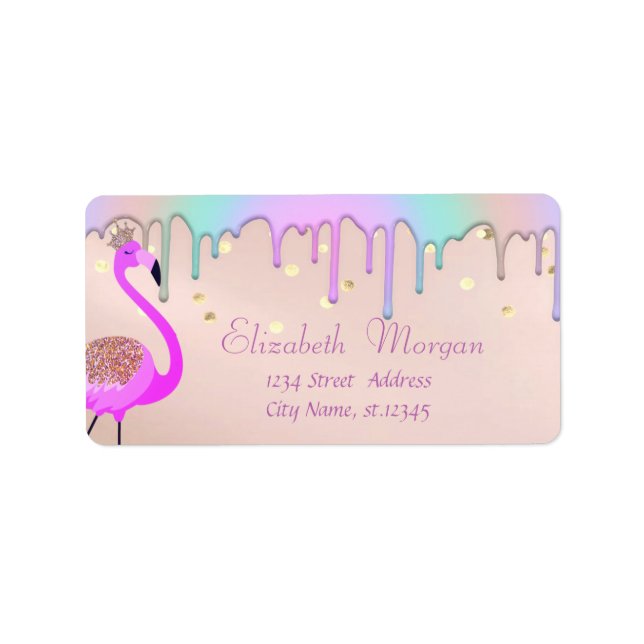 Konfetti,Regnborrdroppar, Rosa Flamingo Adressetikett (Framsidan)