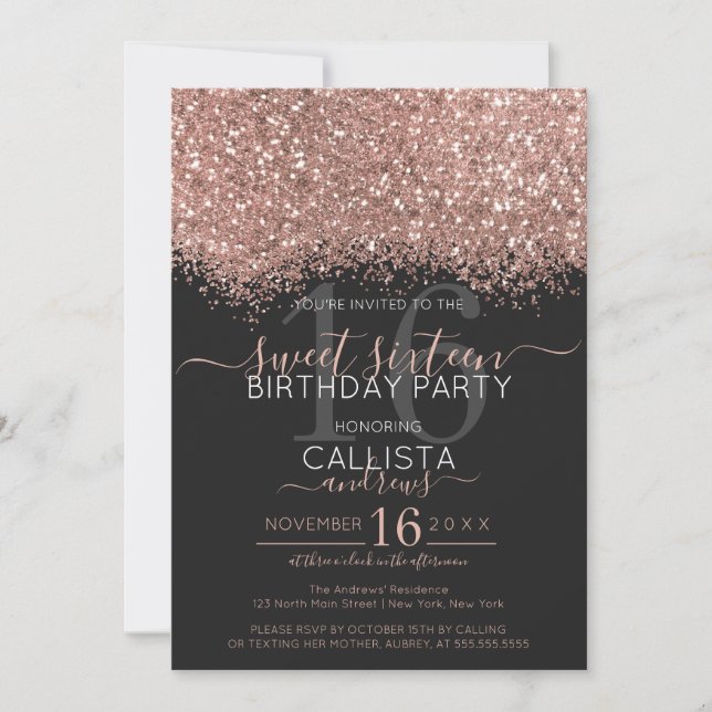 Konfetti Ro 16, svart Glitter Guld Inbjudningar (Framsida)