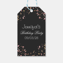 Konfetti rosa och Guld Glitter på svart bakgrund Presentetikett