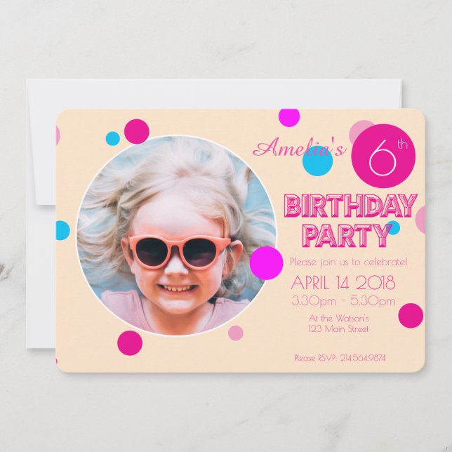 Konfetti Rosa Peach Girly Roligt Fotofödelsedag Inbjudningar (Framsida)