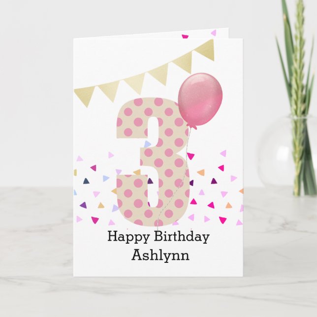 Konfetti Rosa Prickig 3-årsdag Kort (Framsida)