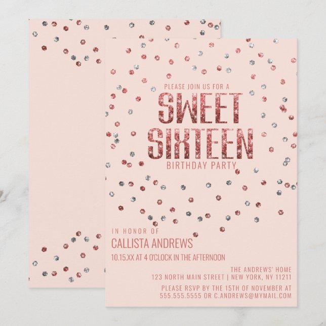 Konfetti rosa ros, Guld, Glitter, sötat 16 Inbjudningar (Fram/baksida)