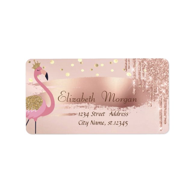 Konfetti, Rose Gold Drops Penseldrag  Flamingo Adressetikett (Framsidan)