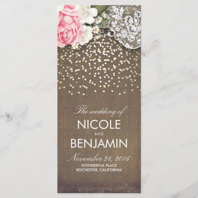 Konfetti Rustiska Bröllopsprogram i Burlap Snöre G Program (Framsida)