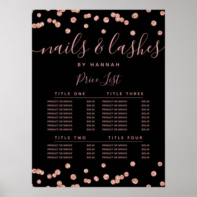 Konfetti Salon Pris Menu Black ro Guld Glitter Poster (Framsidan)
