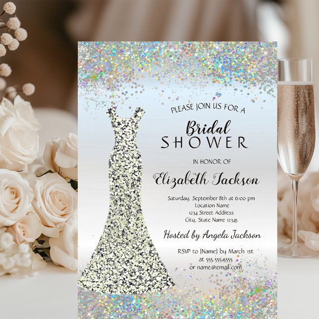 Konfetti, Silver Glitter Bröllopsduschklänning Inbjudningar (Skapare uppladdad)