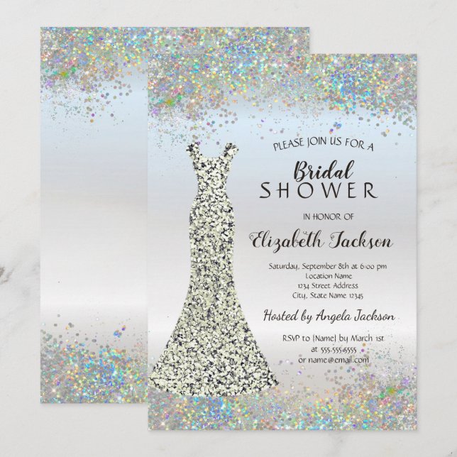 Konfetti,Silver Glitter Dress-Möhippa Inbjudningar (Fram/baksida)