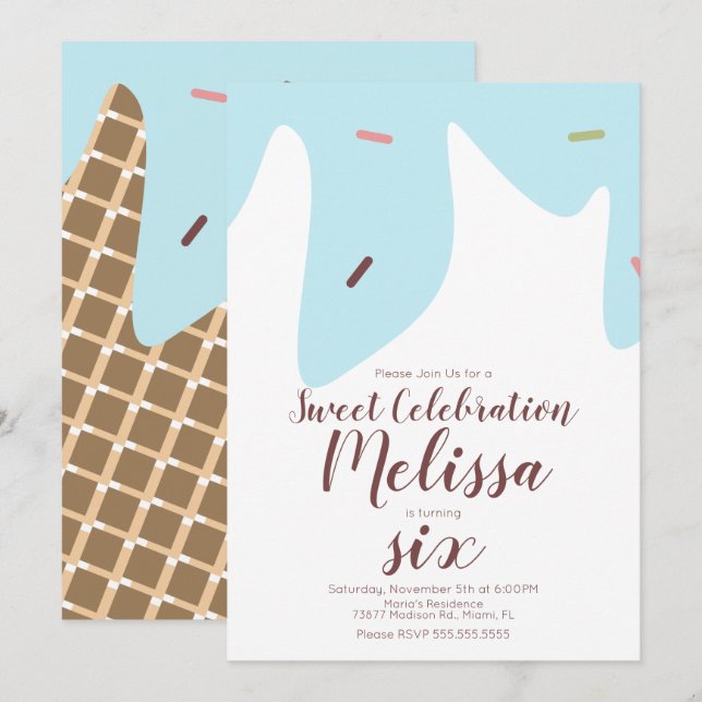 Konfetti Sprinkles - droppa iskräm - blå Inbjudningar (Fram/baksida)