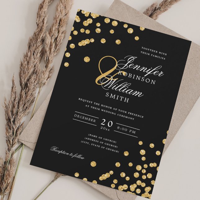 Konfetti svart elegant i Bröllop Guld Inbjudningar (Elegant Script Wedding Gold Glitter Confetti Black Invitation)