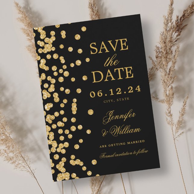 Konfetti svart elegant i Bröllop Guld Spara Datumet (Elegant Script Wedding Gold Confetti Black Save The Date)