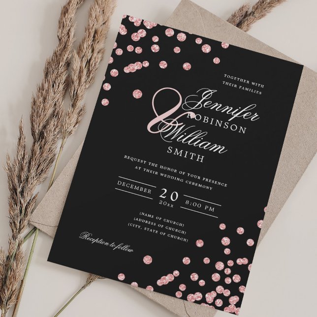 Konfetti svart elegant i Bröllop Ro Inbjudningar (Elegant Script Wedding Rose Gold Confetti Black Invitation)