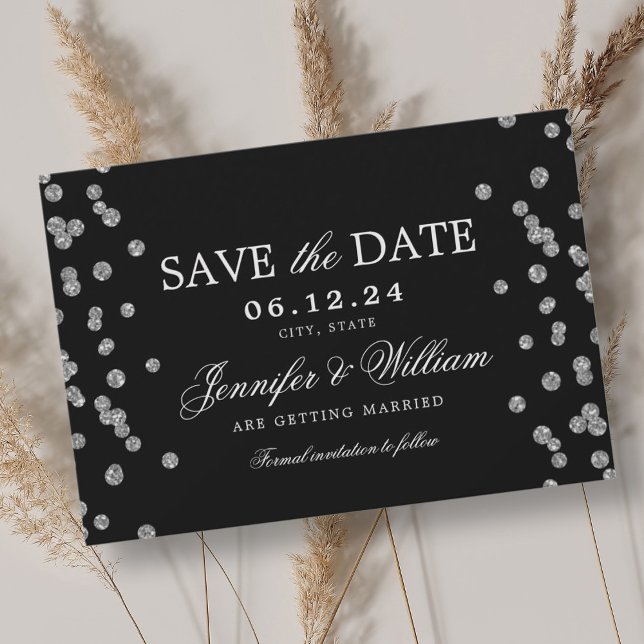 Konfetti svart elegant i Bröllop Silver Spara Datumet (Elegant Script Wedding Silver Confetti Black Save The Date)