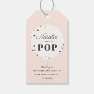 Konfettiballong redo att spricka baby shower presentetikett
